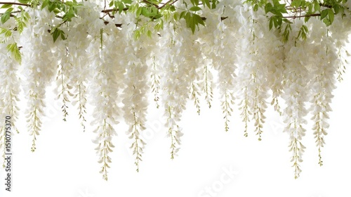 Cascading white wisteria flowers with green leaves for backgrounds and overlays.