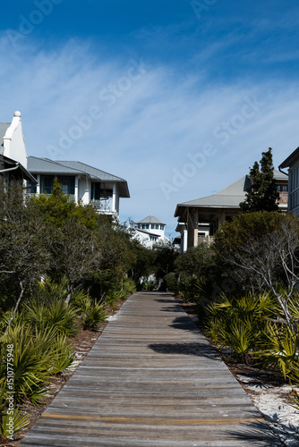 Beachfront homes with wood boardwalk in Rosemary Beach Florida USA