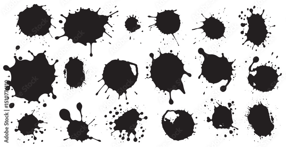 Set of vector brushes. Mega pack set of different brush strokes: black ink splatter, blots, round freehand drawings, grungy drawn lines, waves, circles, triangles, art design elements - Vector illustr