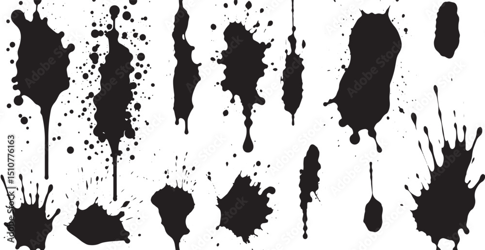 Set of vector brushes. Mega pack set of different brush strokes: black ink splatter, blots, round freehand drawings, grungy drawn lines, waves, circles, triangles, art design elements - Vector illustr