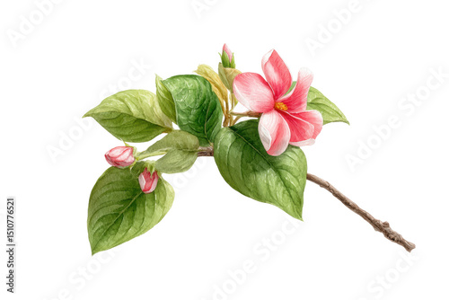 PNG Vibrant pink blossom with lush green leaves on a delicate branch