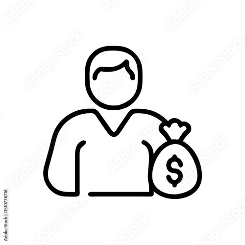 Man holding a money bag in a simple line drawing style  