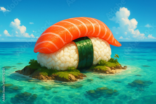 Giant sushi island surrounded by crystal-clear turquoise waters, blending culinary art with surreal fantasy in a tropical paradise setting.