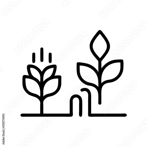 Minimalist line drawing of plants with irrigation system icon  