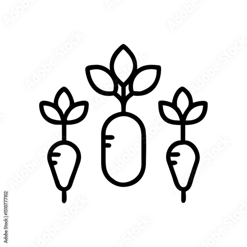 Line drawing of three radishes with leaves on white background  