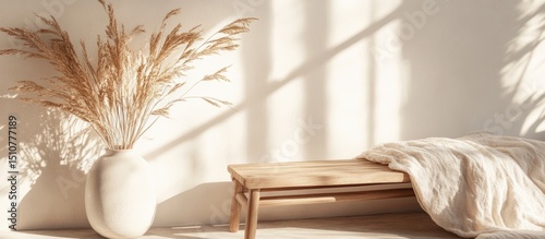 Sunlit room; pampas grass vase, wooden bench, blanket; interior design mockup