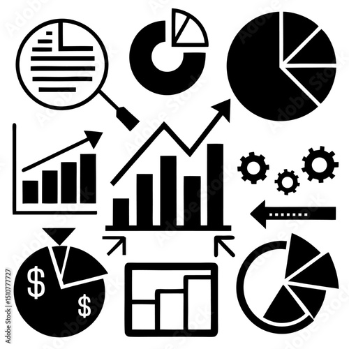 Vector business icons set: modern symbols for web, phone, mail, graph, and chart illustrations, all pixel-perfect black line designs