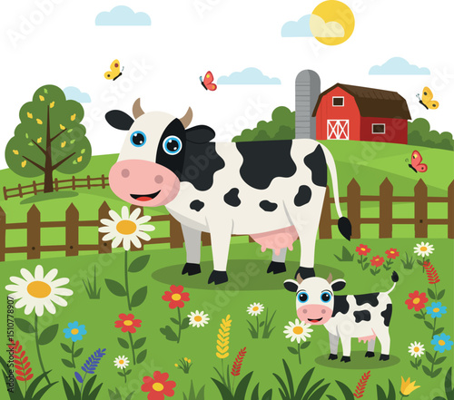 Cow and calf on green grass farm with colorful flowers and red barn vector illustration 