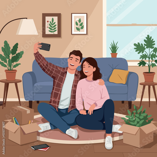 Young couple taking selfie in cozy living room with plants and cardboard boxes vector illustration 