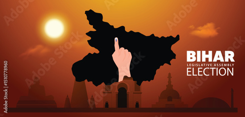 Bihar Legislative Assembly election map silhouette with cityscape vector poster 