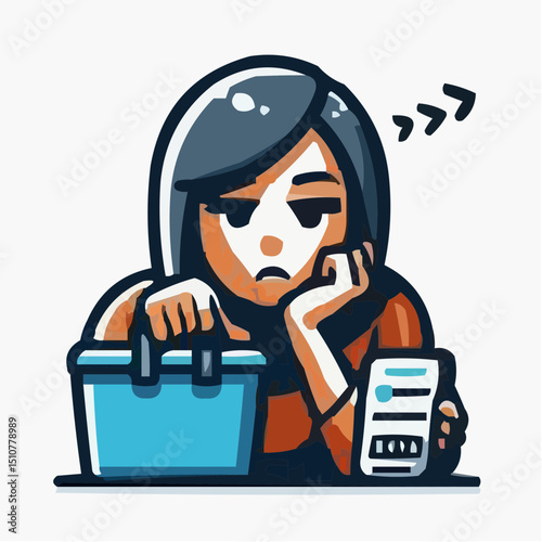 Stressed woman looking at phone while holding shopping bag  