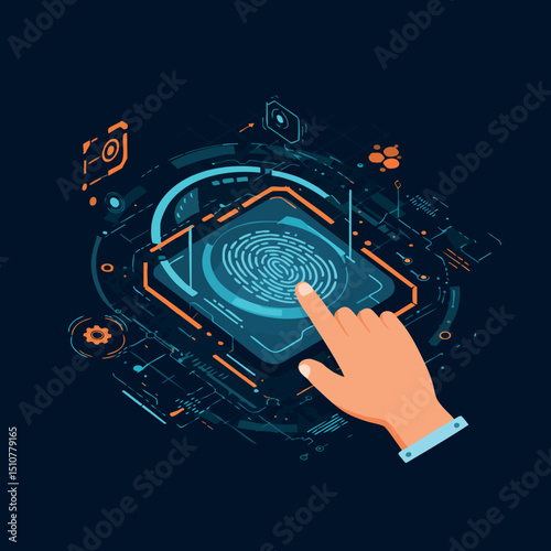 Finger pressing biometric fingerprint scanner with digital security interface vector illustration 