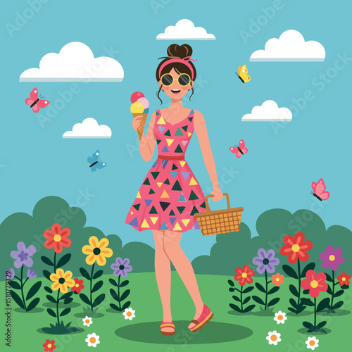 Woman enjoying ice cream in colorful dress with flowers and butterflies in sunny park vector 