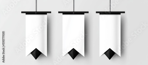 Three blank hanging pennants, minimalist design, grey background, mockup for announcements