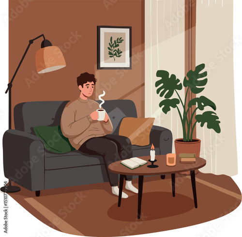 Man Relaxing with Hot Drink on Sofa in Cozy Living Room Interior Vector 