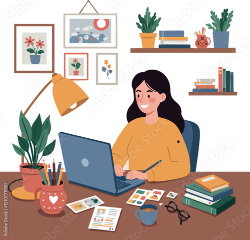 Woman working on laptop at desk with plants books and coffee vector illustration 
