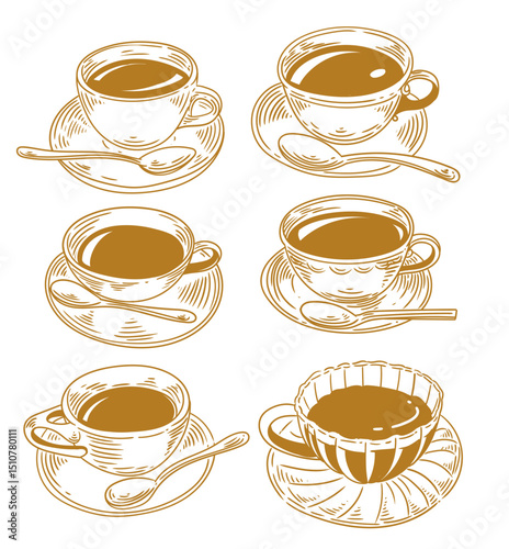 set Original illustrations of a cup of tea or coffee, a vintage ink line drawing for cards, menus, coffee shops, baristas, tea houses, or graphic design.