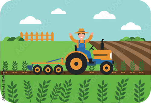 Farmer on Tractor Working Field with Blue Sky and Green Crops Vector Illustration 
