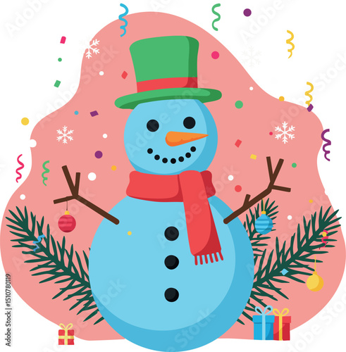 Snowman with green hat red scarf winter decoration and pine branches vector illustration 