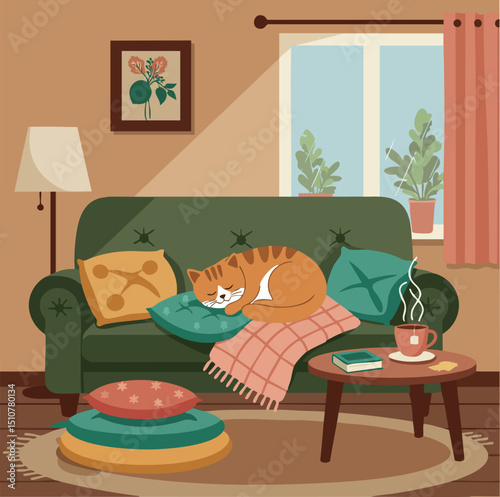 Cozy living room with sleeping orange cat on green sofa and warm decor vector illustration 