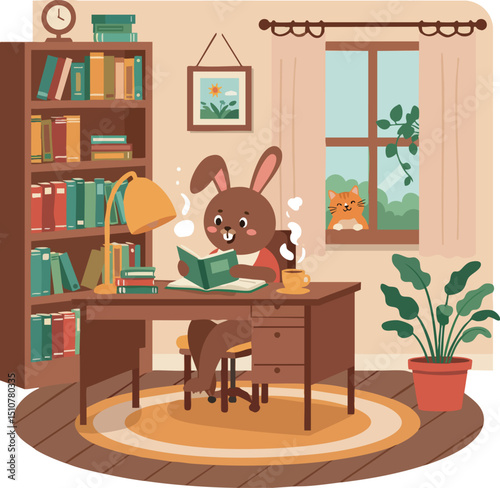 Rabbit reading book at wooden desk in cozy study room with cat outside window 