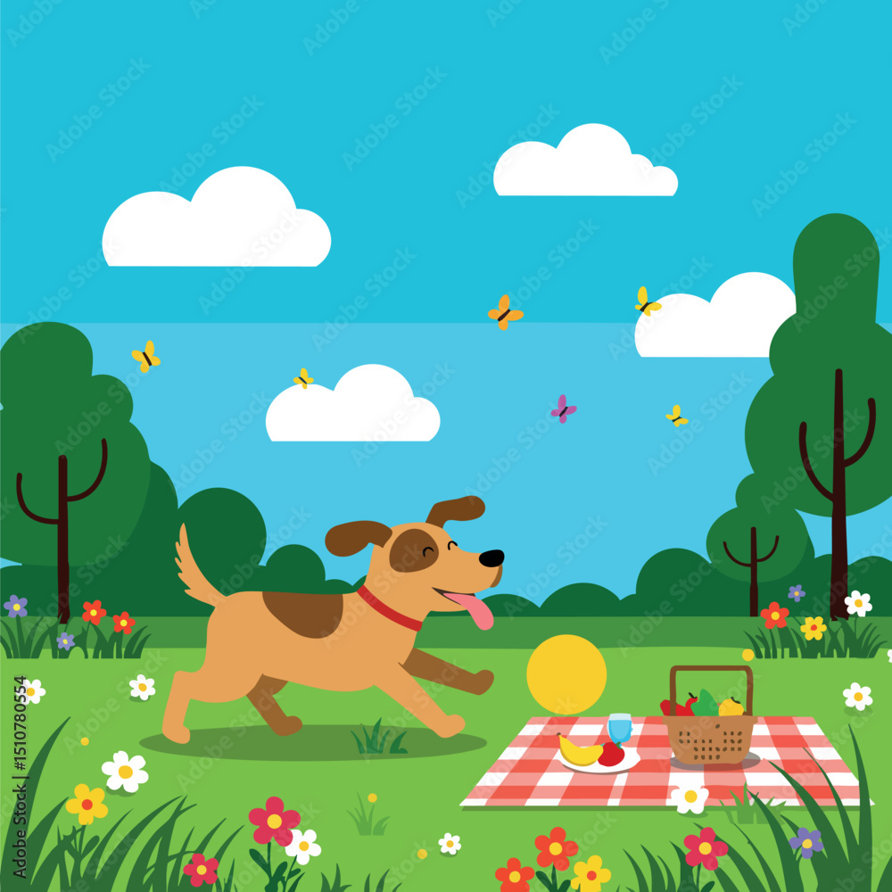 Dog Playing with Ball on Picnic Blanket in Sunny Park with Trees and Flowers Vector Illustration Dog Playing with Ball on Picnic Blanket in Sunny Park with Trees and Flowers Vector Illustration