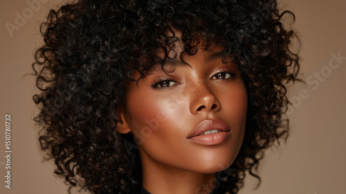 Confident young woman with curly hair posing in soft studio light, looking into the camera.