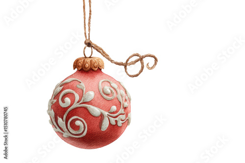 PNG Elegant red christmas ornament with intricate white swirls on twine