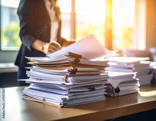 Custom AI Model - A female office working picking up paperwork from a massive pile