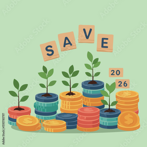 Growing plants on colorful coin stacks with save 2026 message for financial growth vector illustration 