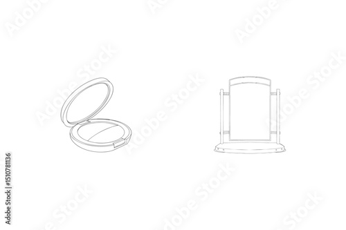 Minimalist line art illustration of a makeup compact and a double sided vanity mirror