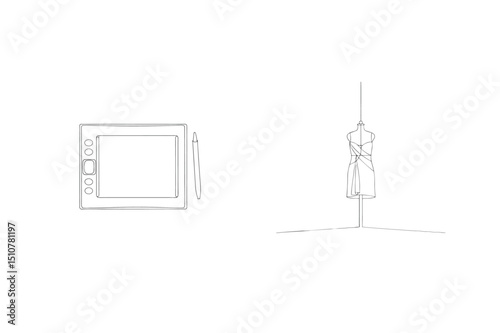 Fashion design tools concept depicting digital tablet and dress form in simple line art