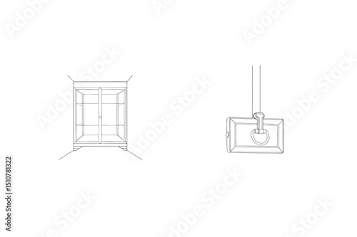 Elegant one line art illustration of a display cabinet and a suspended light fixture