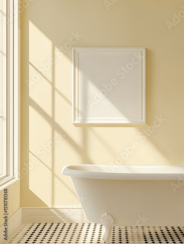 A mock-up of a white bathroom photo frame with a classic and minimalistic design