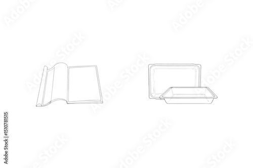 Minimalist one line art illustrations of open book and disposable food containers
