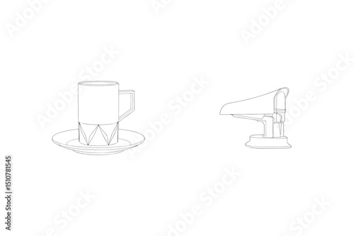 Minimalist one line art illustration featuring cup with saucer and coffee creamer designs