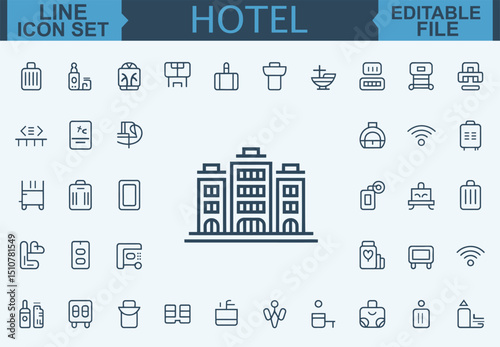 Hotel Line Icon Set Room, Reception, Taxi, Booking, Hostel, Key Card, Check-In, Passport, Safe, Laundry, Fitness, and Pool Symbols in Vector Illustration