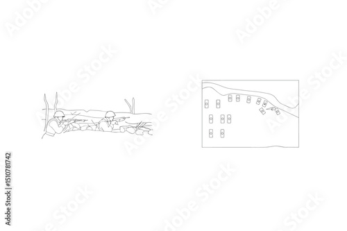 One line art illustration depicting soldiers in a trench and war strategy plan