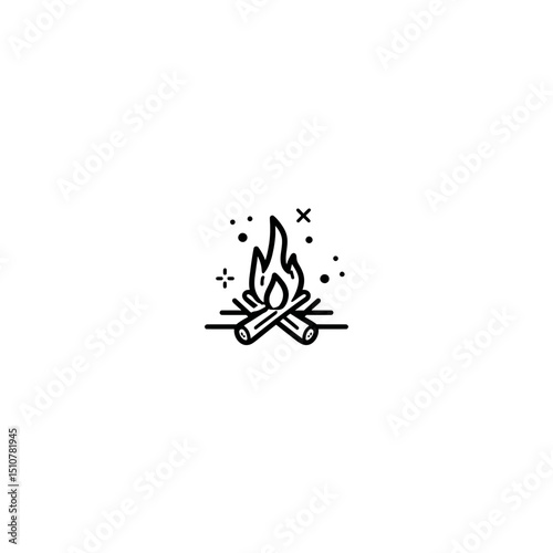 Burning campfire heats wood logs outdoors minimal black illustration