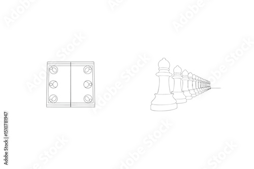Minimalist chess pieces in perspective and a board in a simple line art composition