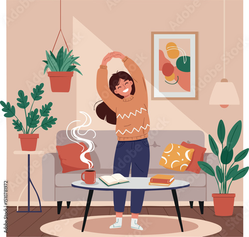 Woman stretching in cozy living room with plants and warm colors vector illustration 