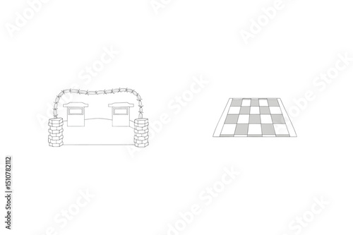 One line art representation of military fortress and checkerboard design on white background