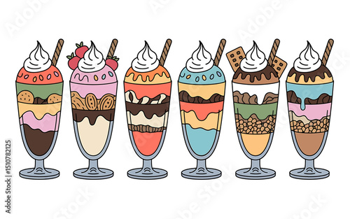Delicious Dessert Extravaganza A Row of Six Tall Glasses Filled with Delightful Ice Cream Sundaes