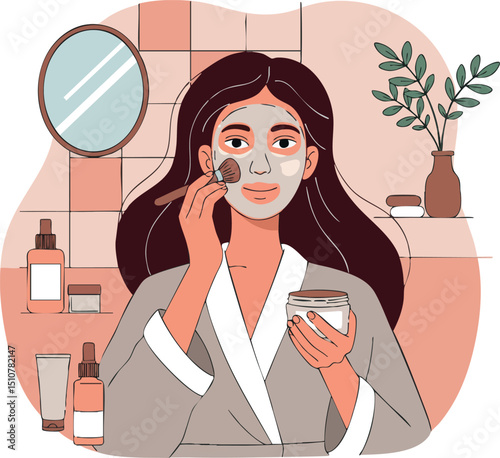 Woman applying face cream with cotton pad in bathroom skincare routine vector illustration 