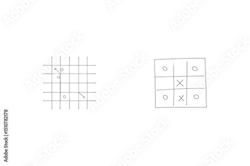 Hand drawn tic tac toe game illustrated with xs and os on a white background