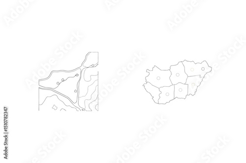 Detailed outline map of hungary with regions and topographic illustration.