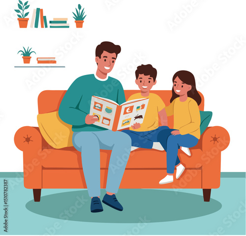 Family reading book together on orange couch at home lifestyle activity 