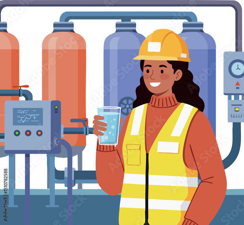 Female Engineer Holding Glass Water in Industrial Factory Plant Vector Illustration 