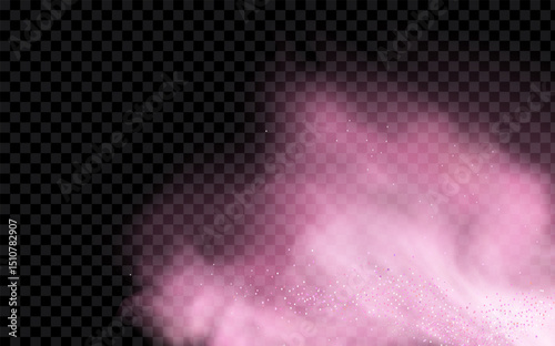 Pink powder dust with glittering shimmering swirls, shiny glitter design. Magical motion, sparkling lines on a black background.