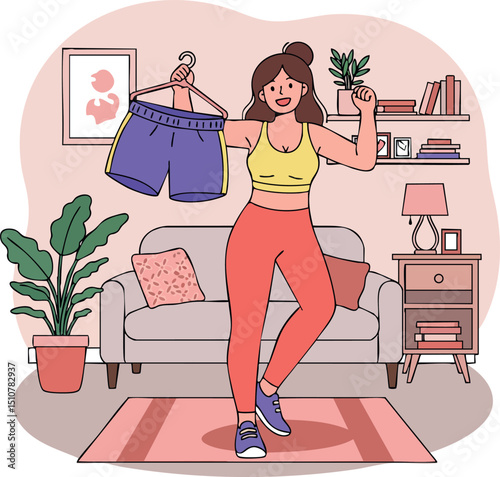 Woman holding shorts and flexing muscles in cozy living room fitness motivation vector illustration 